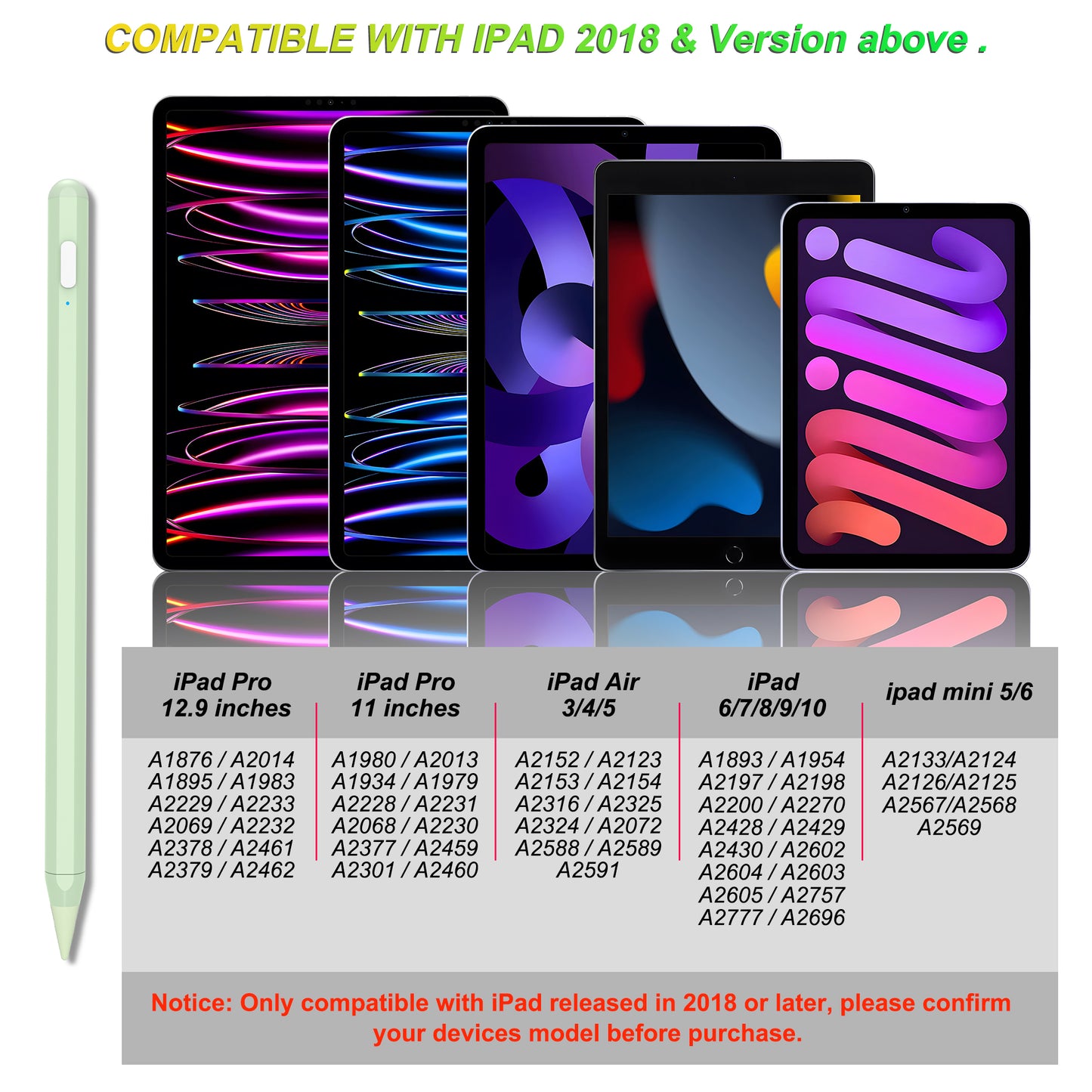 Kailfee Stylus Pen for iPad with Palm Rejection, Magnetic Adsorption, Tilt Function, Apple Pencil Compatible with iPad Pro 11/12.9 inch, iPad Air 3/4/5, ipad6/7/8/9/10, iPad Mini 5/6(Avocado)
