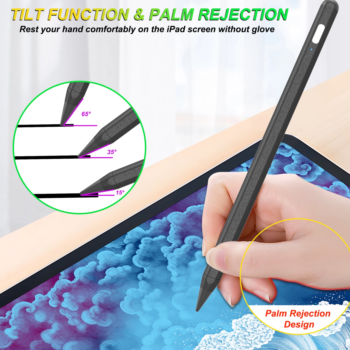 Kailfee Stylus Pen for iPad with Palm Rejection, Magnetic Adsorption, Tilt Function, Apple Pencil Compatible with iPad Pro 11/12.9 inch, iPad Air 3/4/5, ipad6/7/8/9/10, iPad Mini 5/6(Black)