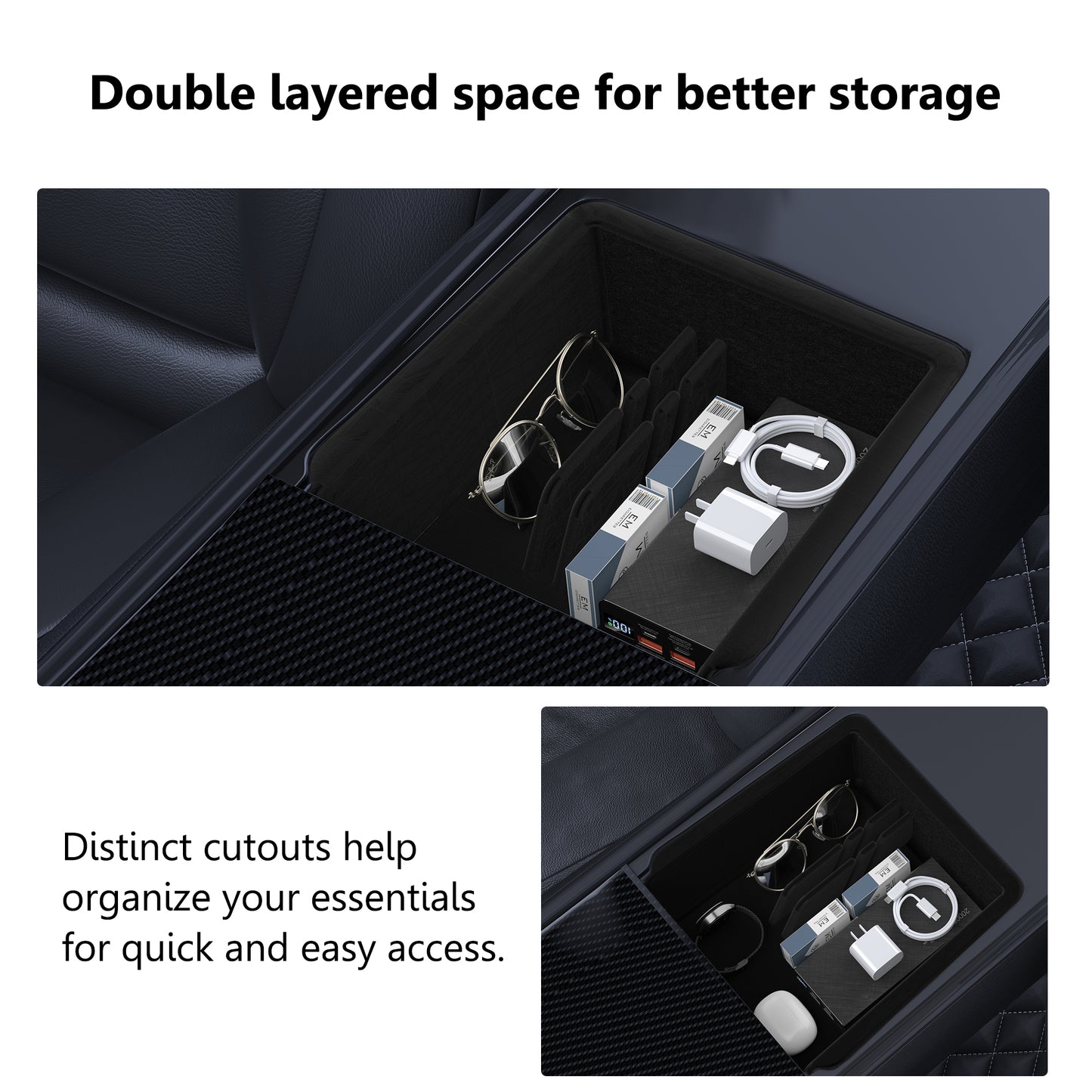Kailfee Center Console Organizer Tray Fit for 2017-2023 Tesla Mode 3 | Y & 2024 Tesla Mode Y Armrest Organizer Storage Box Interior Accessories (Black)