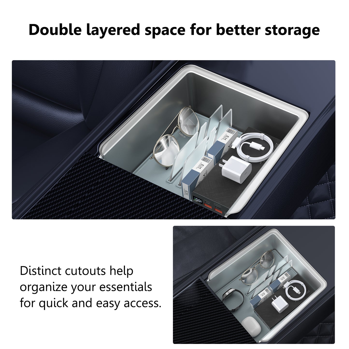 Kailfee Center Console Organizer Tray Fit for 2017-2023 Tesla Mode 3 | Y & 2024 Tesla Mode Y Armrest Organizer Storage Box Interior Accessories (Clear)
