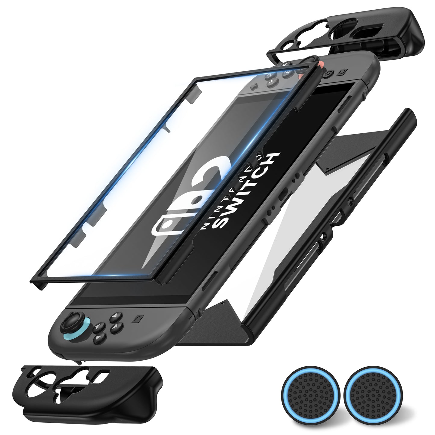 Protective Case for Nintendo Switch 2, Full Protection Switch 2 Cover,TPU Shock-Absorption and Anti-Scratch for Nintendo Switch 2 with【Bult-in Screen Protector】& 2 X Thumb Grip Caps,Black