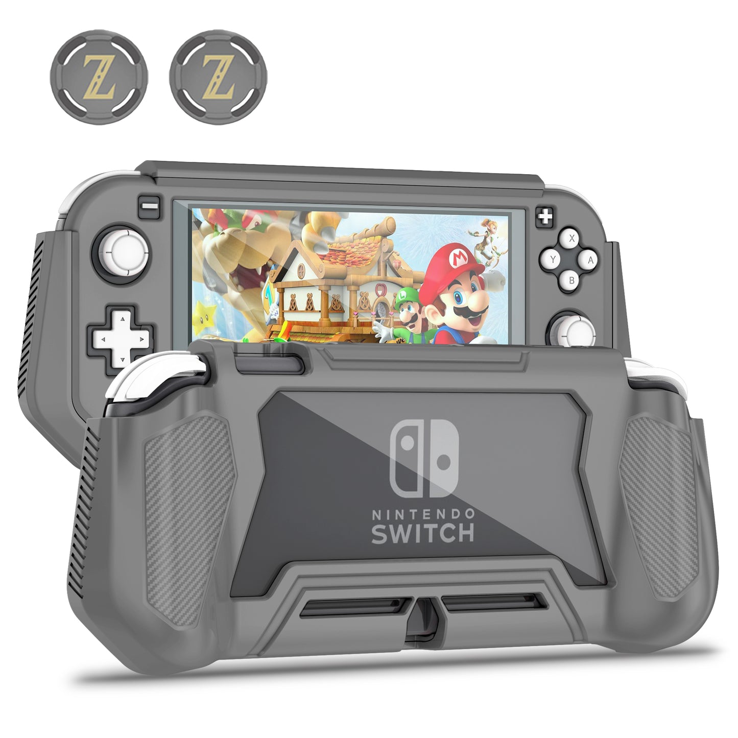 Switch Lite Case Protective Case for Nintendo Switch Lite, Case Compatible with Nintendo Switch Lite Hand Grip Case with Detachable TPU+Built-in PC Screen Protector & 2 x Thumb Grip Caps(Gray）
