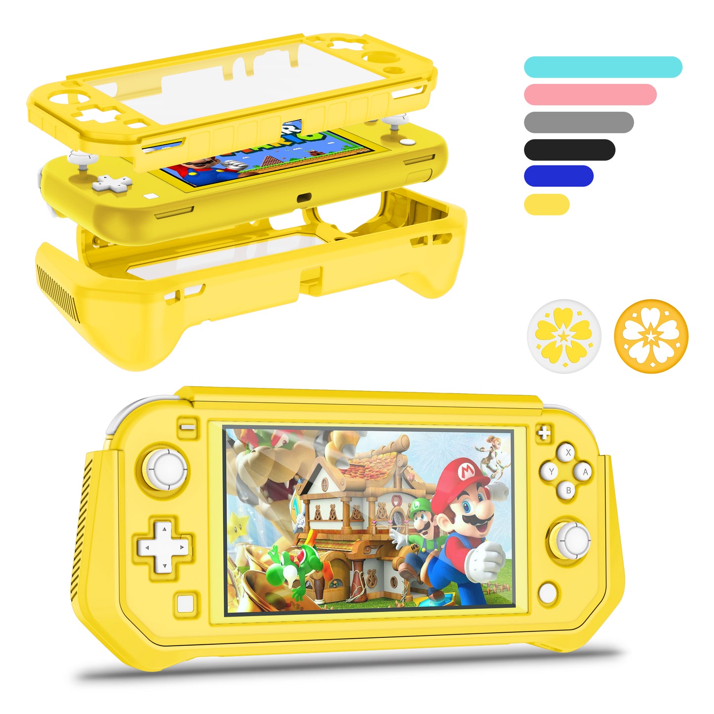 Protective Case for Nintendo Switch Lite, Full Protection Switch Lite Cover, TPU Shock-Absorption and Anti-Scratch for Nintendo Switch with Bult-in Screen Protector & Thumb Grip Caps, Yellow