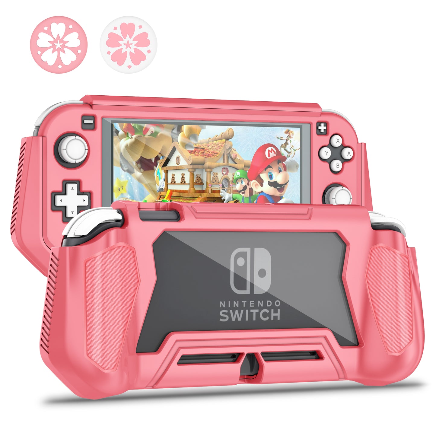 Switch Lite Case Protective Case for Nintendo Switch Lite, Case Compatible with Nintendo Switch Lite Hand Grip Case with Detachable TPU+Built-in PC Screen Protector & 2 x Thumb Grip Caps(Coral）