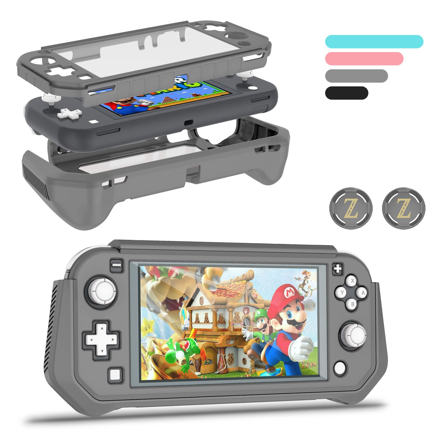 Protective Case for Nintendo Switch Lite, Full Protection Switch Lite Cover, TPU Shock-Absorption and Anti-Scratch for Nintendo Switch Lite Skin with Bult-in Screen Protector & Thumb Grip Caps, Gray