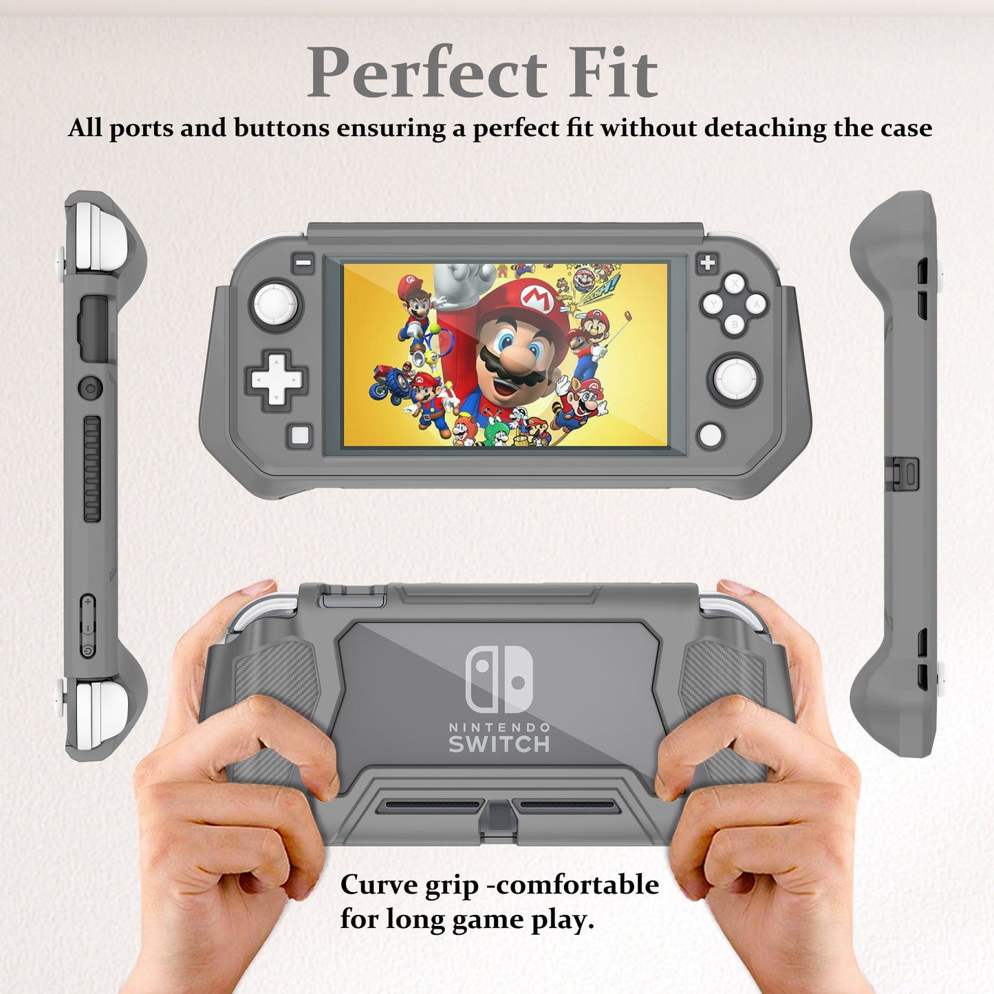 Protective Case for Nintendo Switch Lite, Full Protection Switch Lite Cover, TPU Shock-Absorption and Anti-Scratch for Nintendo Switch Lite Skin with Bult-in Screen Protector & Thumb Grip Caps, Gray