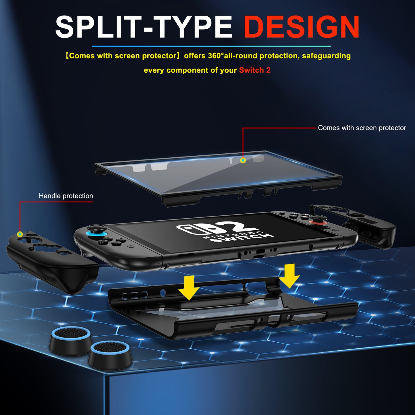 Protective Case for Nintendo Switch 2, Full Protection Switch 2 Cover,TPU Shock-Absorption and Anti-Scratch for Nintendo Switch 2 with【Bult-in Screen Protector】& 2 X Thumb Grip Caps,Black