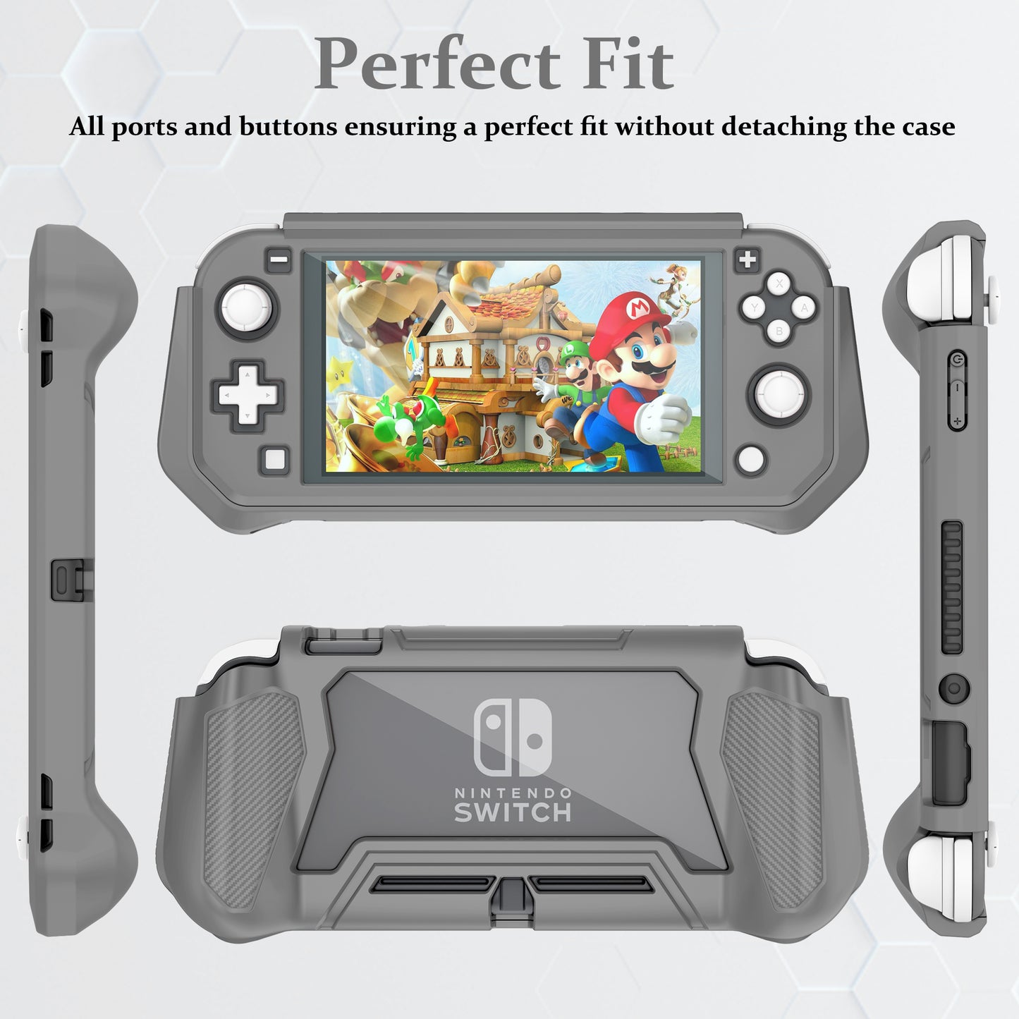 Switch Lite Case Protective Case for Nintendo Switch Lite, Case Compatible with Nintendo Switch Lite Hand Grip Case with Detachable TPU+Built-in PC Screen Protector & 2 x Thumb Grip Caps(Gray）