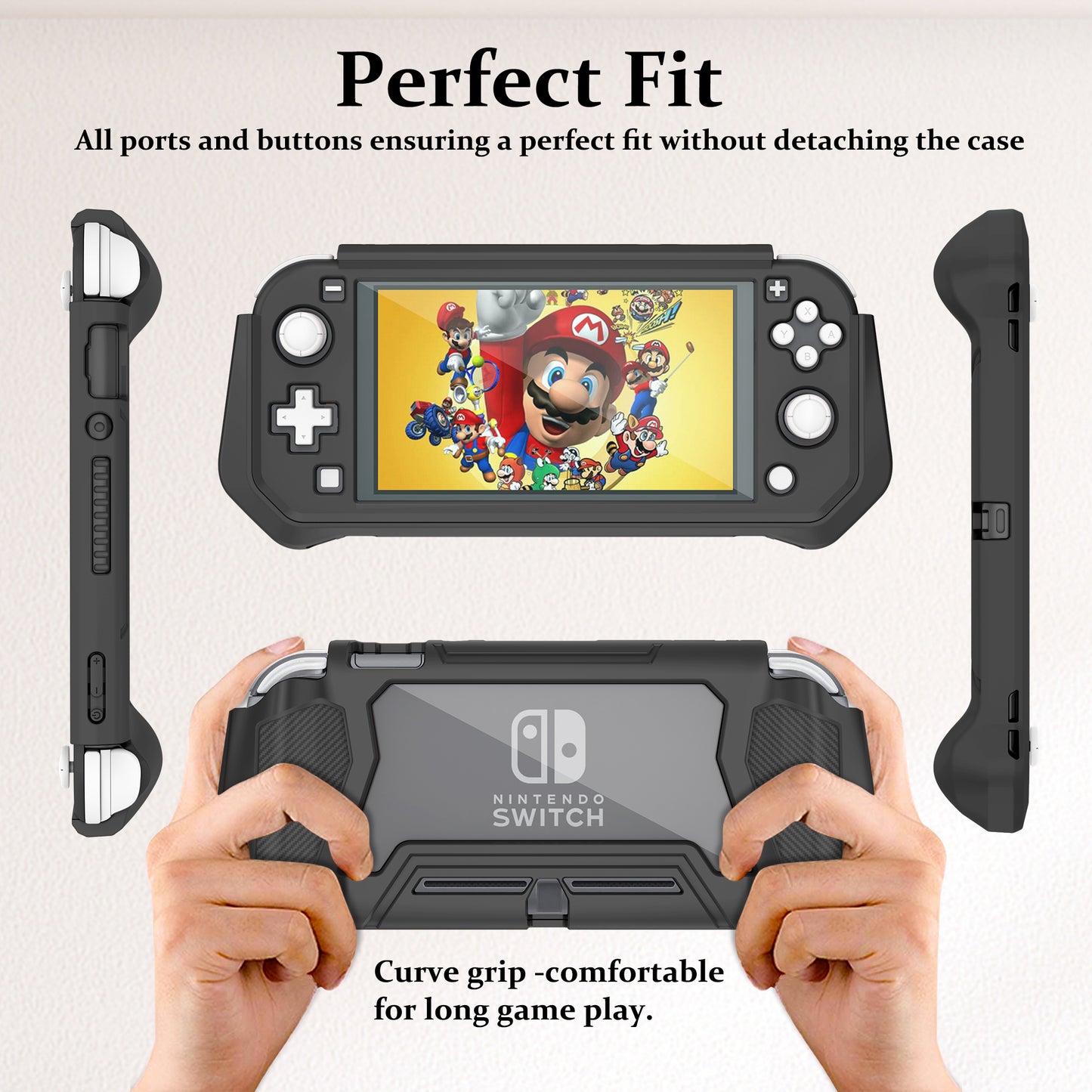Switch Lite Case Protective Case for Nintendo Switch Lite, Case Compatible with Nintendo Switch Lite Hand Grip Case with Detachable TPU+Built-in PC Screen Protector & 2 x Thumb Grip Caps (Obsidian)