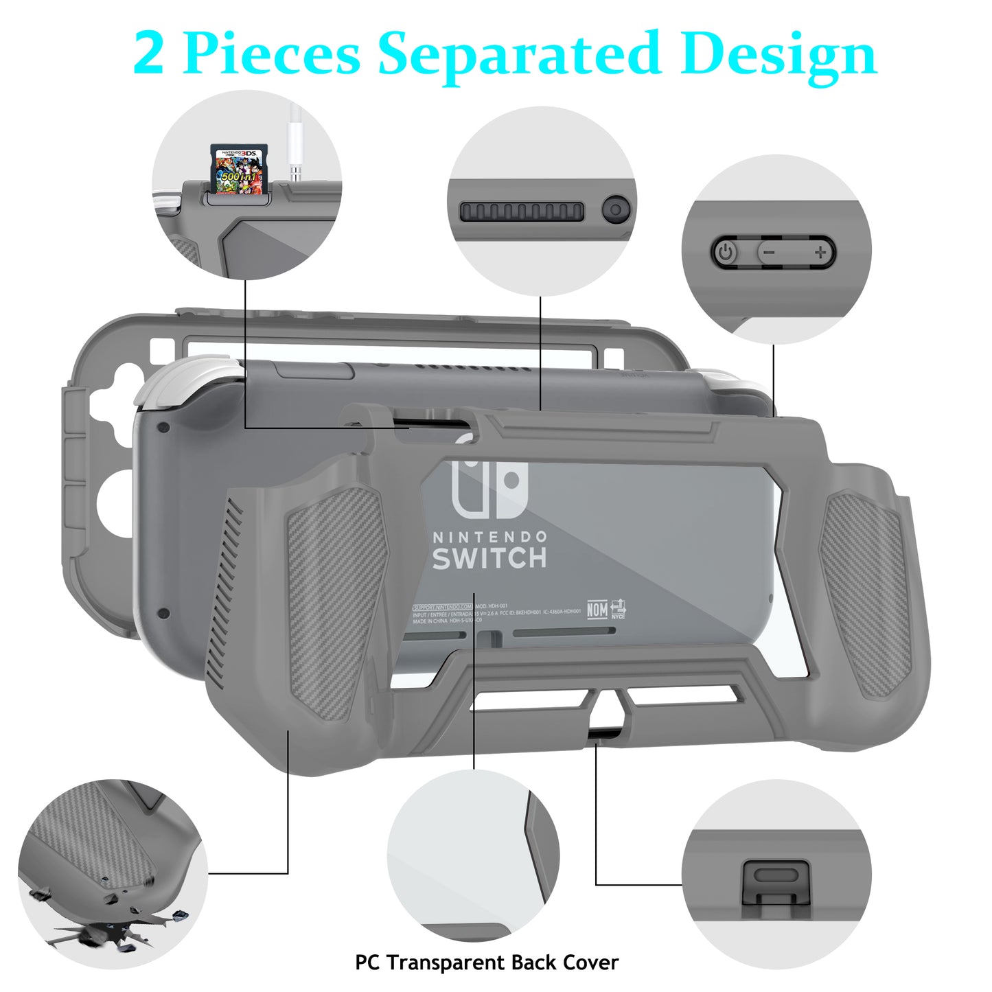 Protective Case for Nintendo Switch Lite, Full Protection Switch Lite Cover, TPU Shock-Absorption and Anti-Scratch for Nintendo Switch Lite Skin with Bult-in Screen Protector & Thumb Grip Caps, Gray