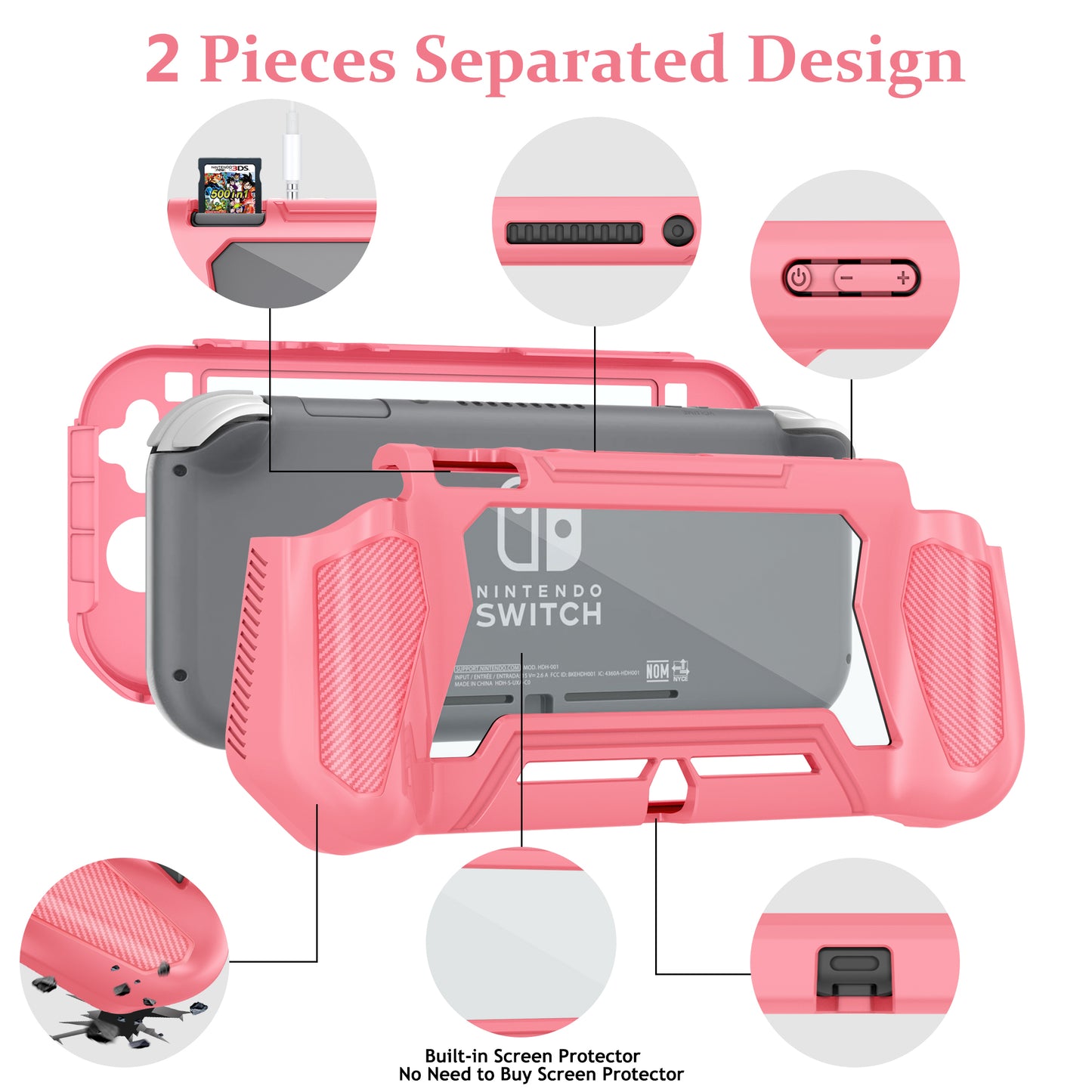 Switch Lite Case Protective Case for Nintendo Switch Lite, Case Compatible with Nintendo Switch Lite Hand Grip Case with Detachable TPU+Built-in PC Screen Protector & 2 x Thumb Grip Caps(Coral）