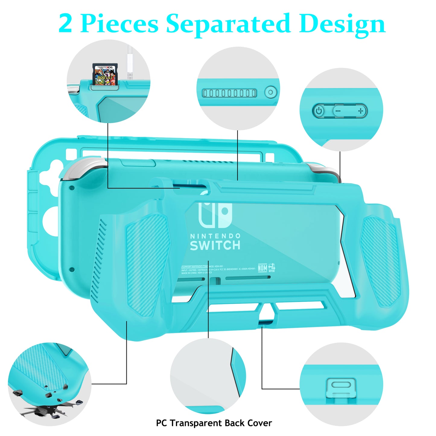 Switch Lite Case Protective Case for Nintendo Switch Lite, Case Compatible with Nintendo Switch Lite Hand Grip Case with Detachable TPU+Built-in PC Screen Protector & 2 x Thumb Grip Caps,Turquoise