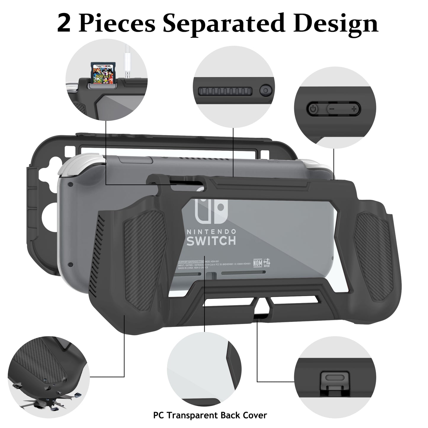 Switch Lite Case Protective Case for Nintendo Switch Lite, Case Compatible with Nintendo Switch Lite Hand Grip Case with Detachable TPU+Built-in PC Screen Protector & 2 x Thumb Grip Caps (Obsidian)