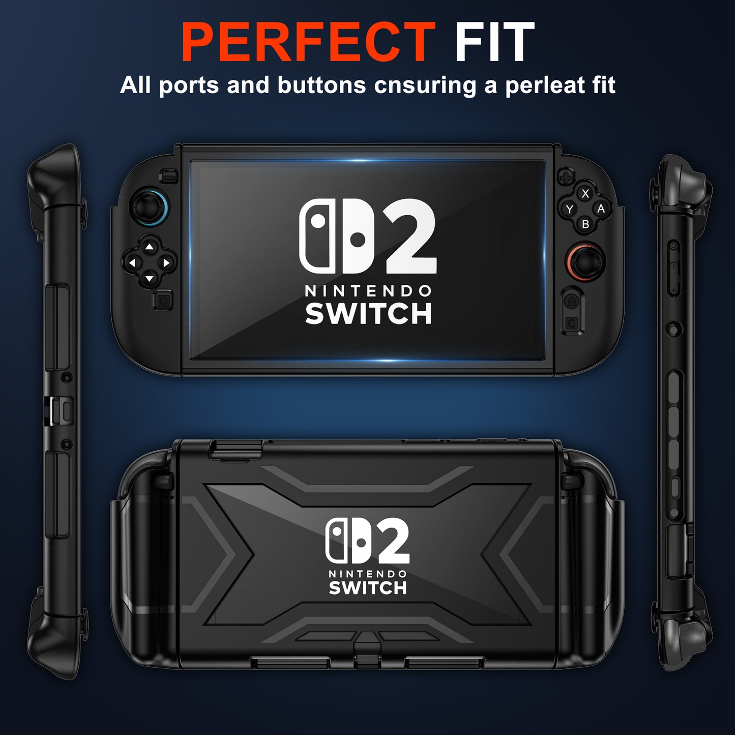 Protective Case for Nintendo Switch 2, Full Protection Switch 2 Cover,TPU Shock-Absorption and Anti-Scratch for Nintendo Switch 2 with【Bult-in Screen Protector】& 2 X Thumb Grip Caps,Black