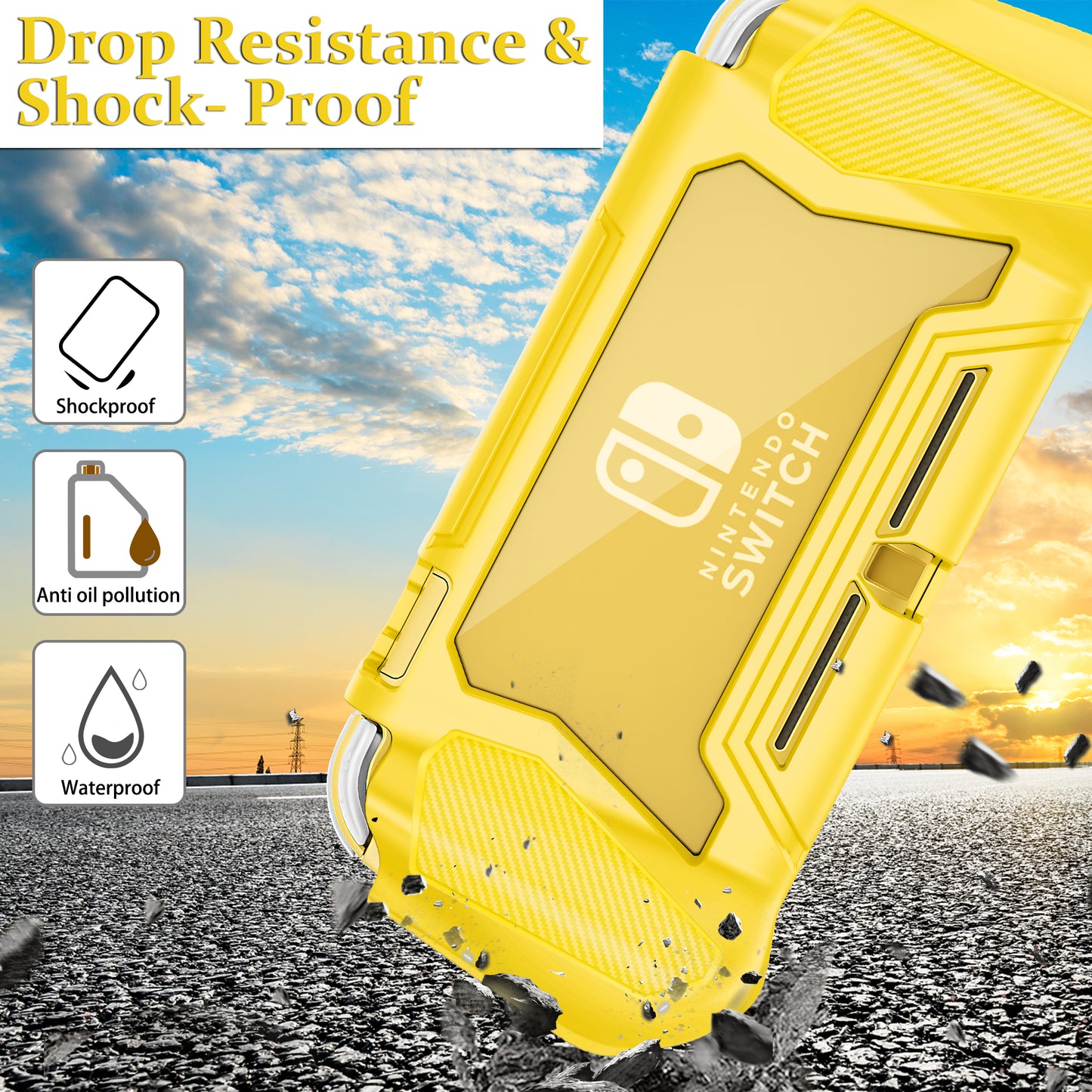 Switch Lite Case Protective Case for Nintendo Switch Lite, Case Compatible with Nintendo Switch Lite Hand Grip Case with Detachable TPU+Built-in PC Screen Protector & 2 x Thumb Grip Caps(Yellow)