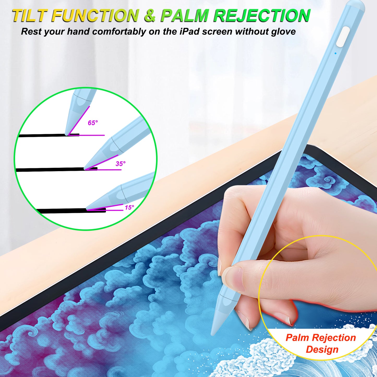 Stylus Pen for iPad with Palm Rejection, Kailfee Active Pencil Compatible with 2018-2022 Apple iPad Pro 11/12.9 Inch,iPad 10/9/8/7/6 Gen,iPad Mini 5/6 Gen,iPad Air3/4/5 Gen(Sky Blue)