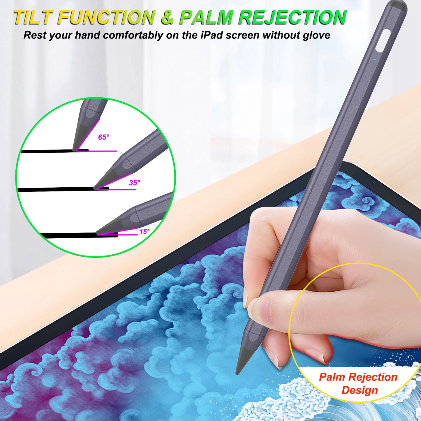 Stylus Pen for iPad with Palm Rejection, Kailfee Active Pencil Compatible with 2018-2022 Apple iPad Pro 11/12.9 Inch,iPad 10/9/8/7/6 Gen,iPad Mini 5/6 Gen,iPad Air3/4/5 Gen(Starry Grey)