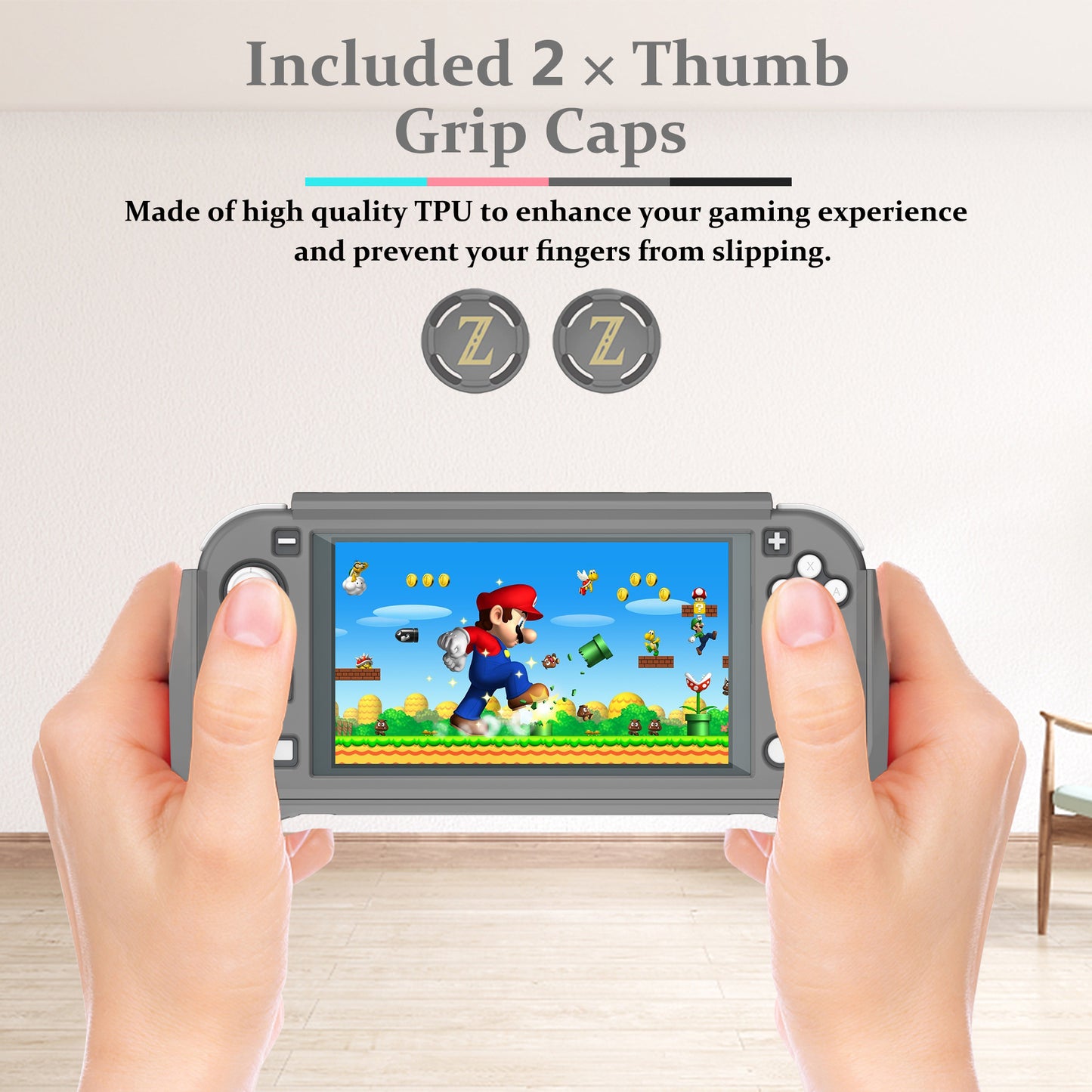 Switch Lite Case Protective Case for Nintendo Switch Lite, Case Compatible with Nintendo Switch Lite Hand Grip Case with Detachable TPU+Built-in PC Screen Protector & 2 x Thumb Grip Caps(Gray）