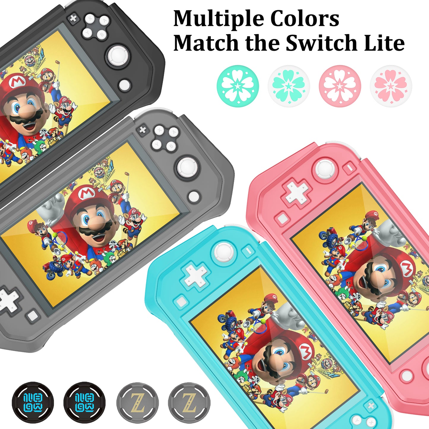 Switch Lite Case Protective Case for Nintendo Switch Lite, Case Compatible with Nintendo Switch Lite Hand Grip Case with Detachable TPU+Built-in PC Screen Protector & 2 x Thumb Grip Caps(Coral）