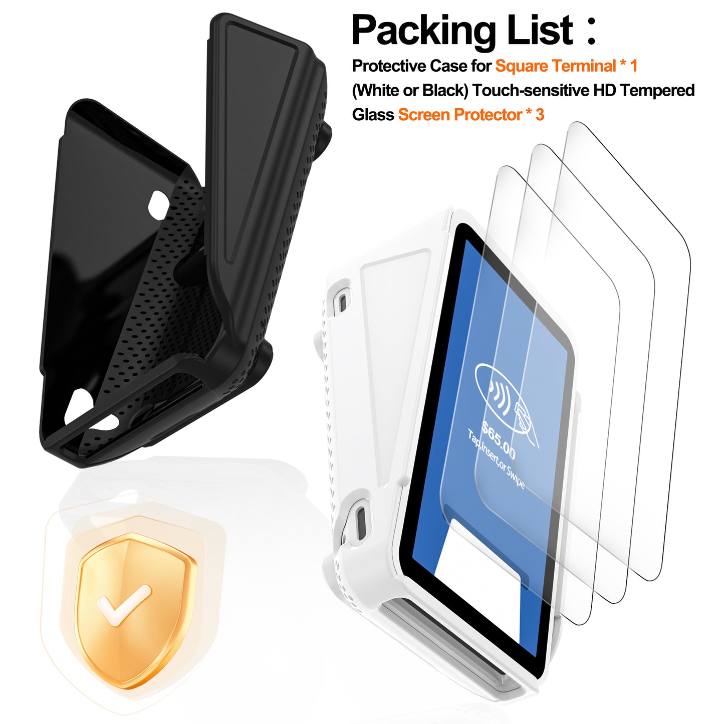 Protective Case and Screen Protector*3 for Square Terminal Card Reader - Rubberized Hard Casing with Non-Slip Base and Tempered Glass (White)